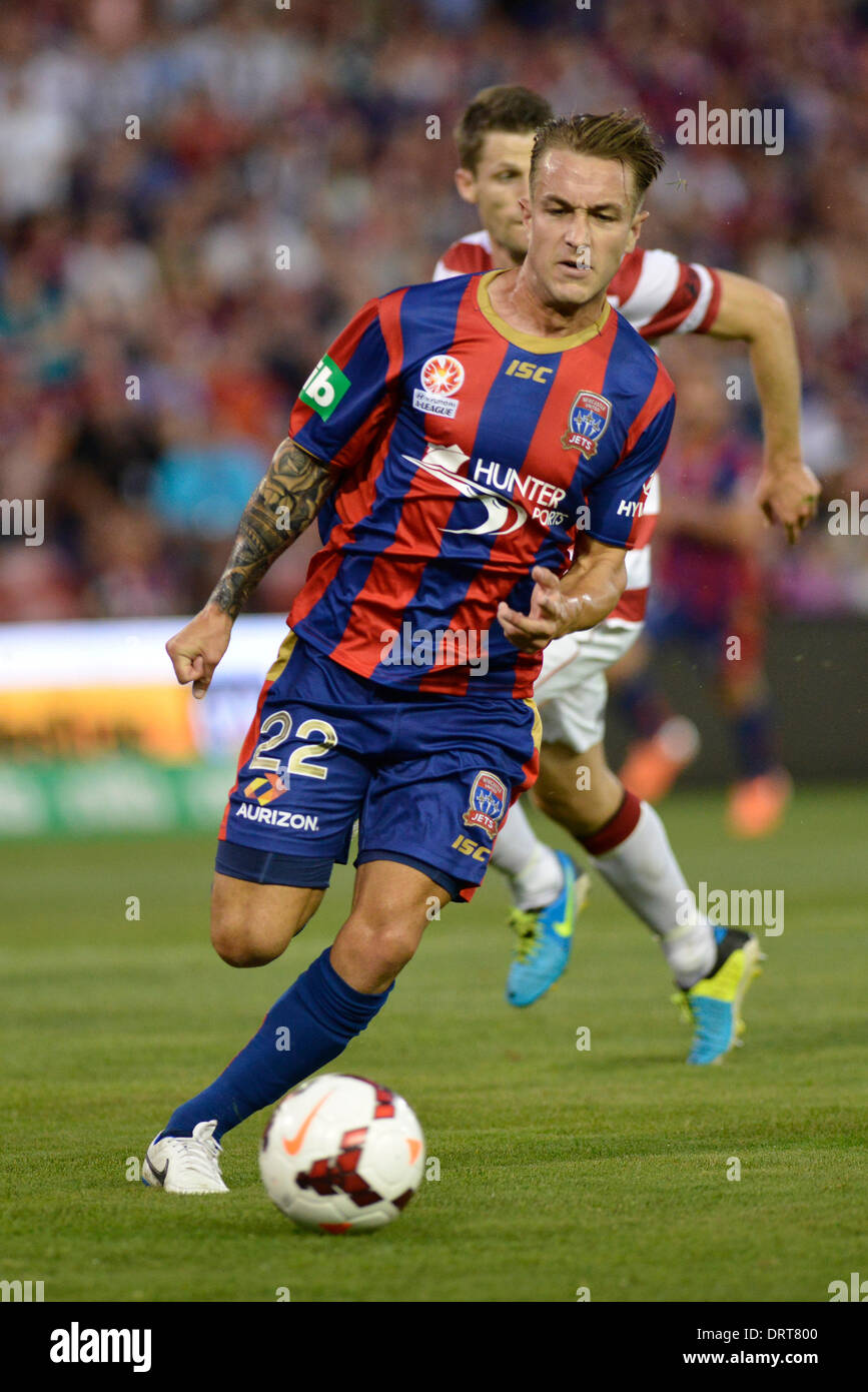 Sydney, Australia. 1st Feb, 2014. Jets forward Adam Taggart in action during the Hyundai A League game between the Newcastle Jets FC and Western Sydney Wanderers FC from the Hunter Stadium, Newcastle. The match ended in a 2-2 draw. Credit:  Action Plus Sports Images/Alamy Live News Stock Photo