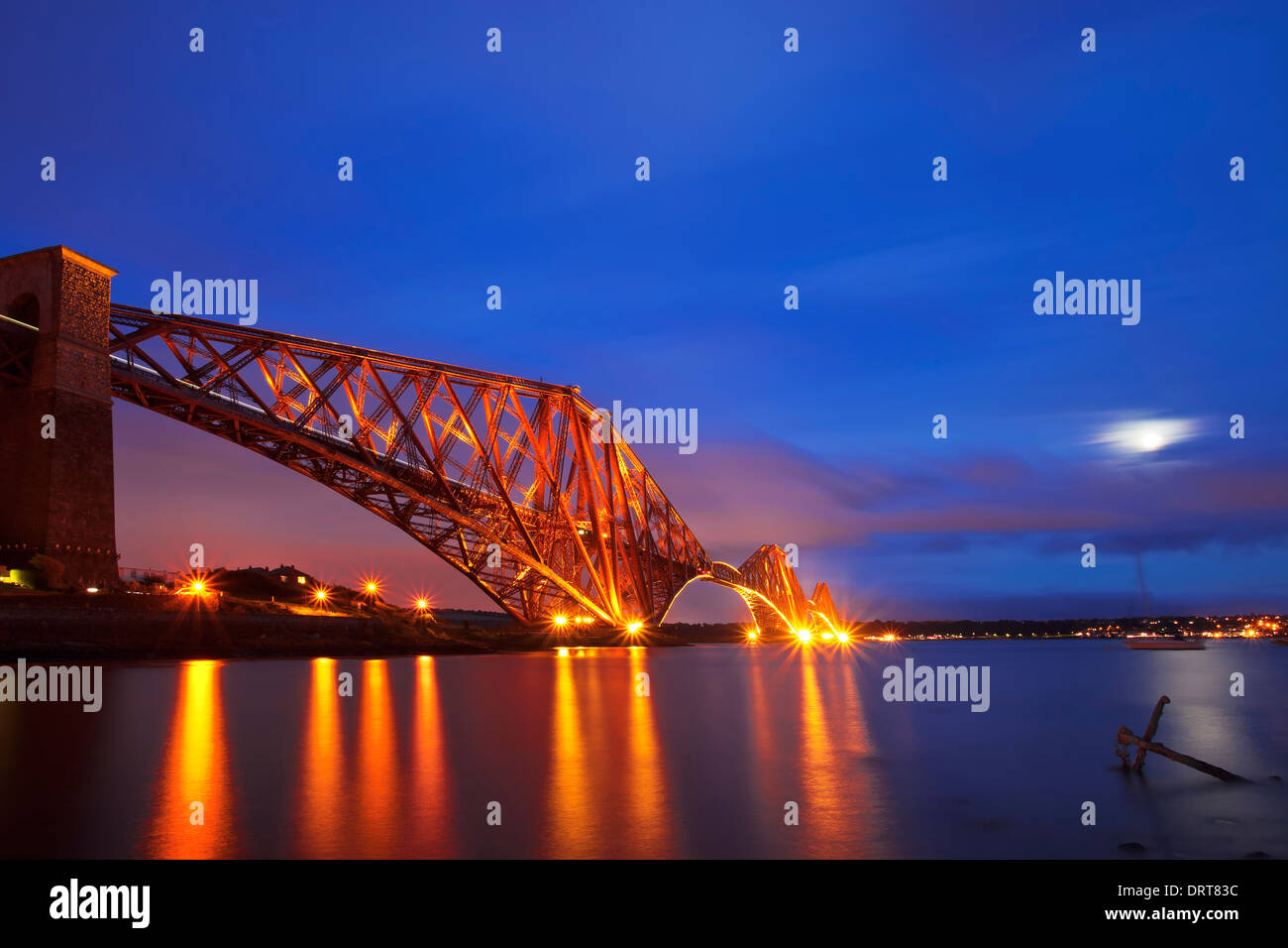 The Forth Rail Bridge crossing between Fife and Edinburgh, Scotland. Night scene, long exposure Stock Photo