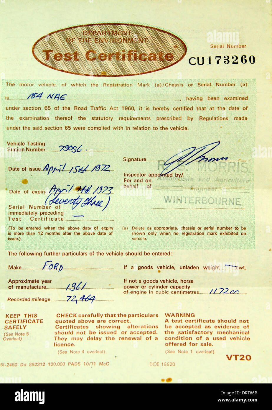 1970s MOT Certificate. Stock Photo