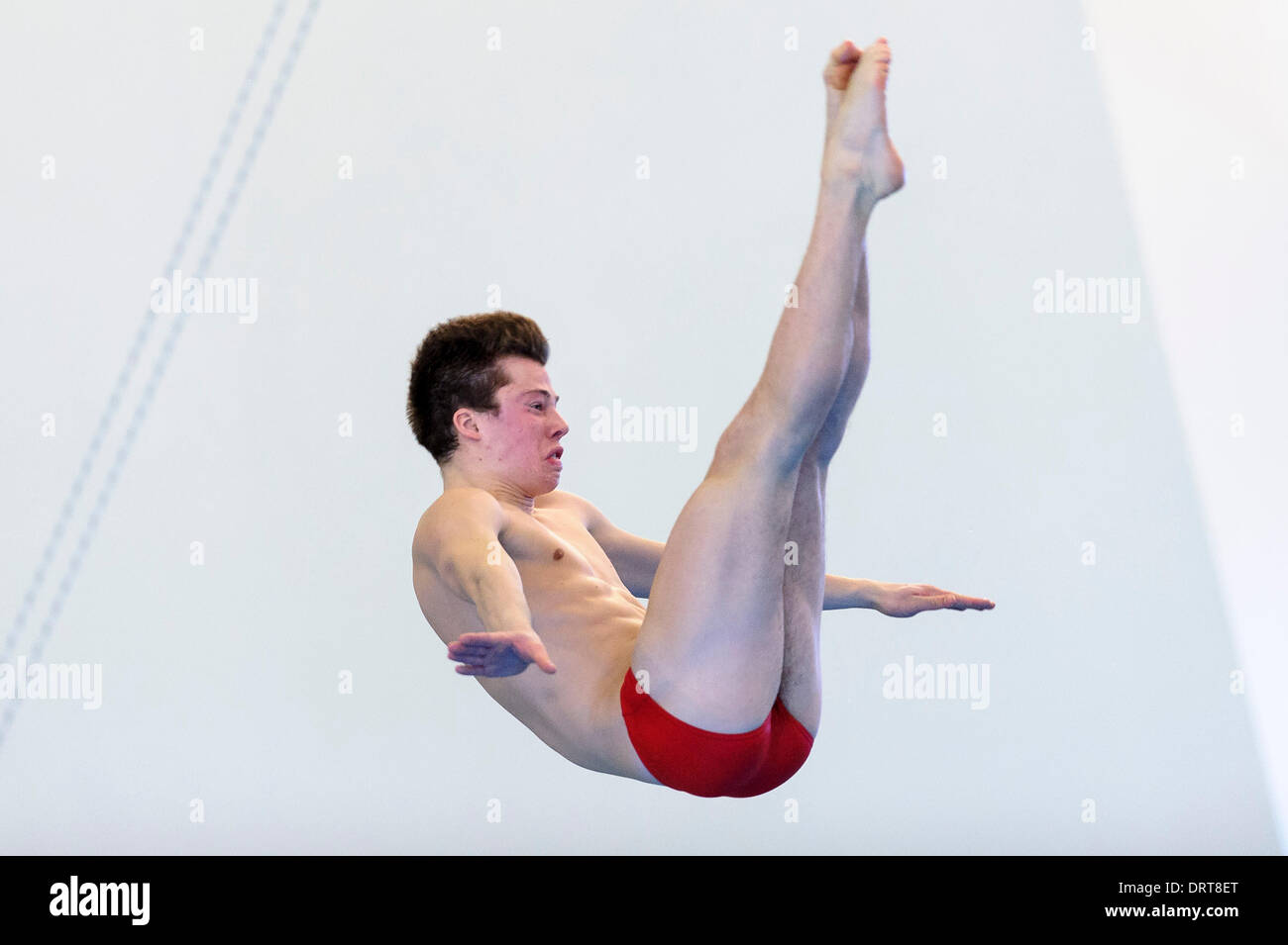 Southend-on-Sea, England. 1st Feb, 2014. Freddie Woodward of City of Sheffield Diving Club competes during the Mens 3m Springboard Preliminary on Day 2 of the British Gas Diving National Cup 2014 from Southend Swimming and Diving Centre. Credit:  Action Plus Sports Images/Alamy Live News Stock Photo