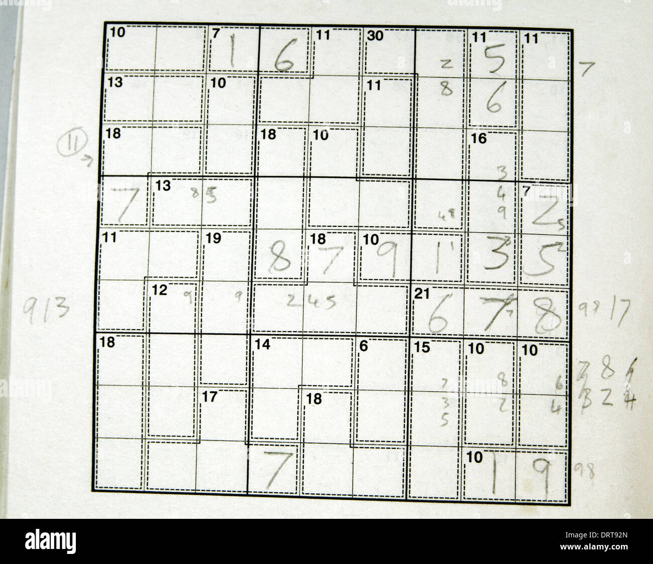 Part completed Killer Su doku puzzle. Stock Photo