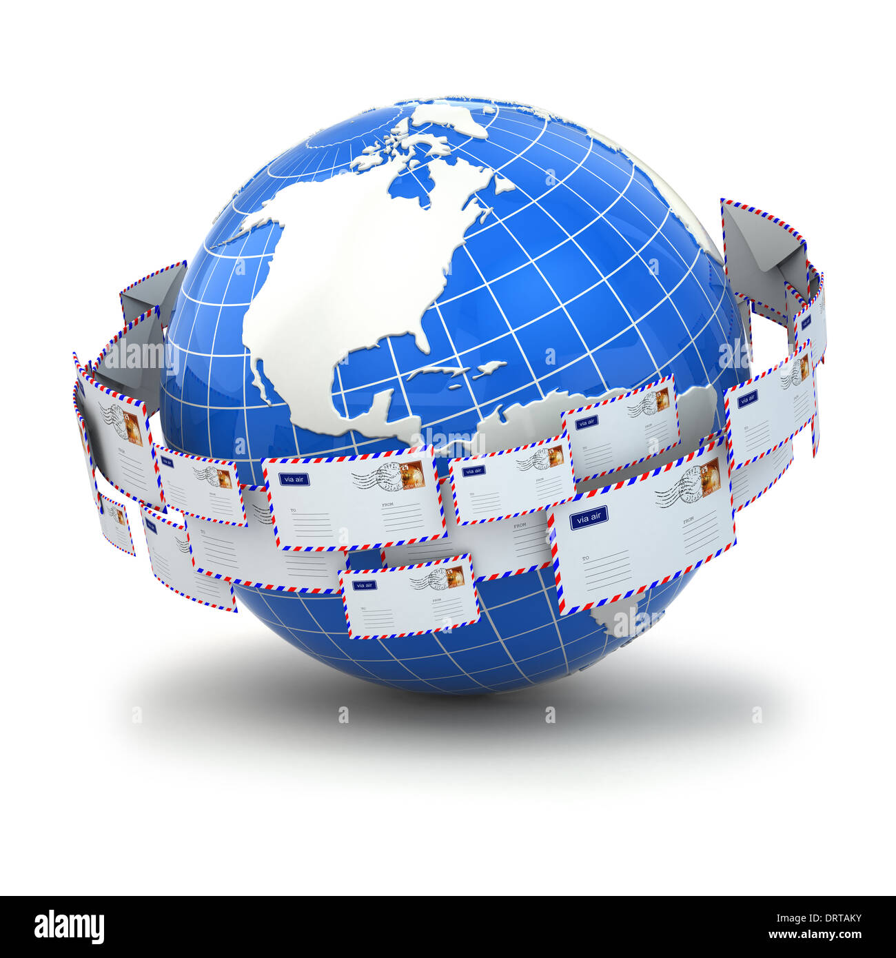Concept of mail. Earth and envelopes. 3d Stock Photo