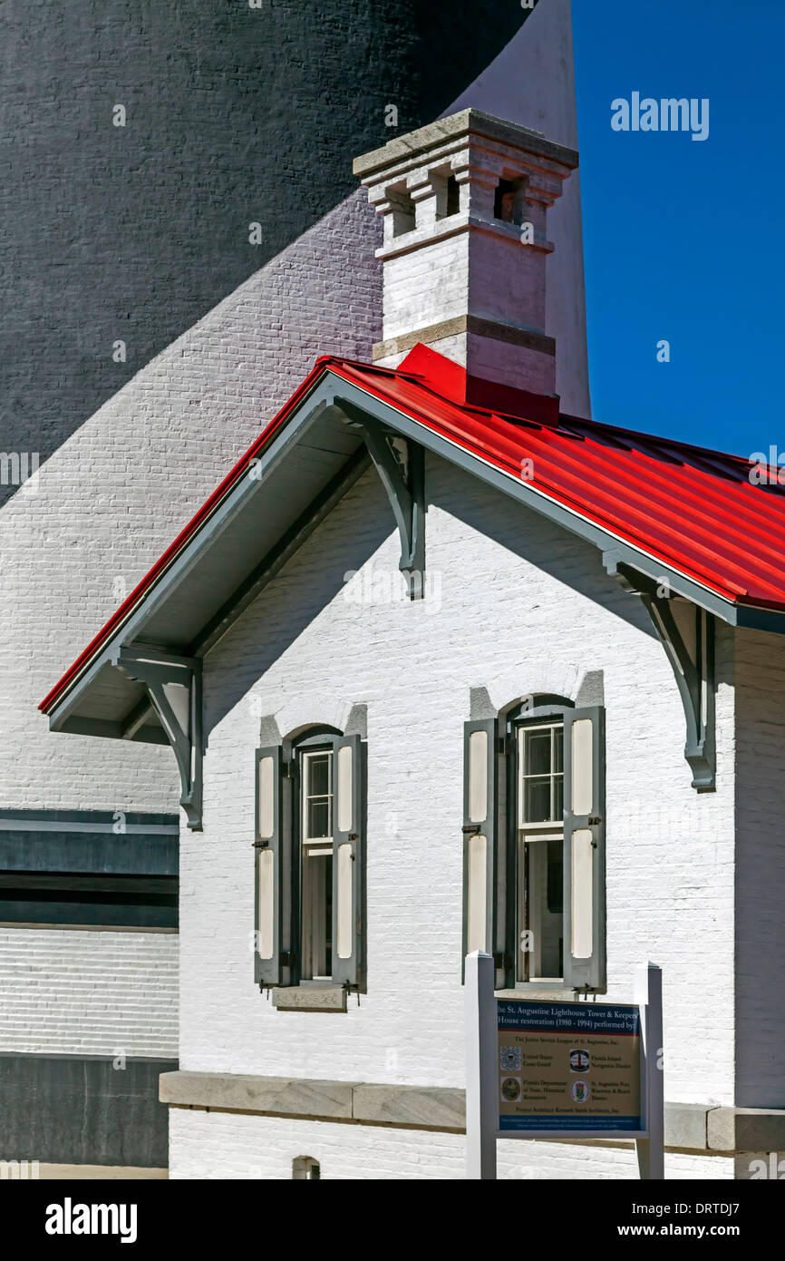 Red roof of Saint Augustine cottage and lighthouse built in 1874 and