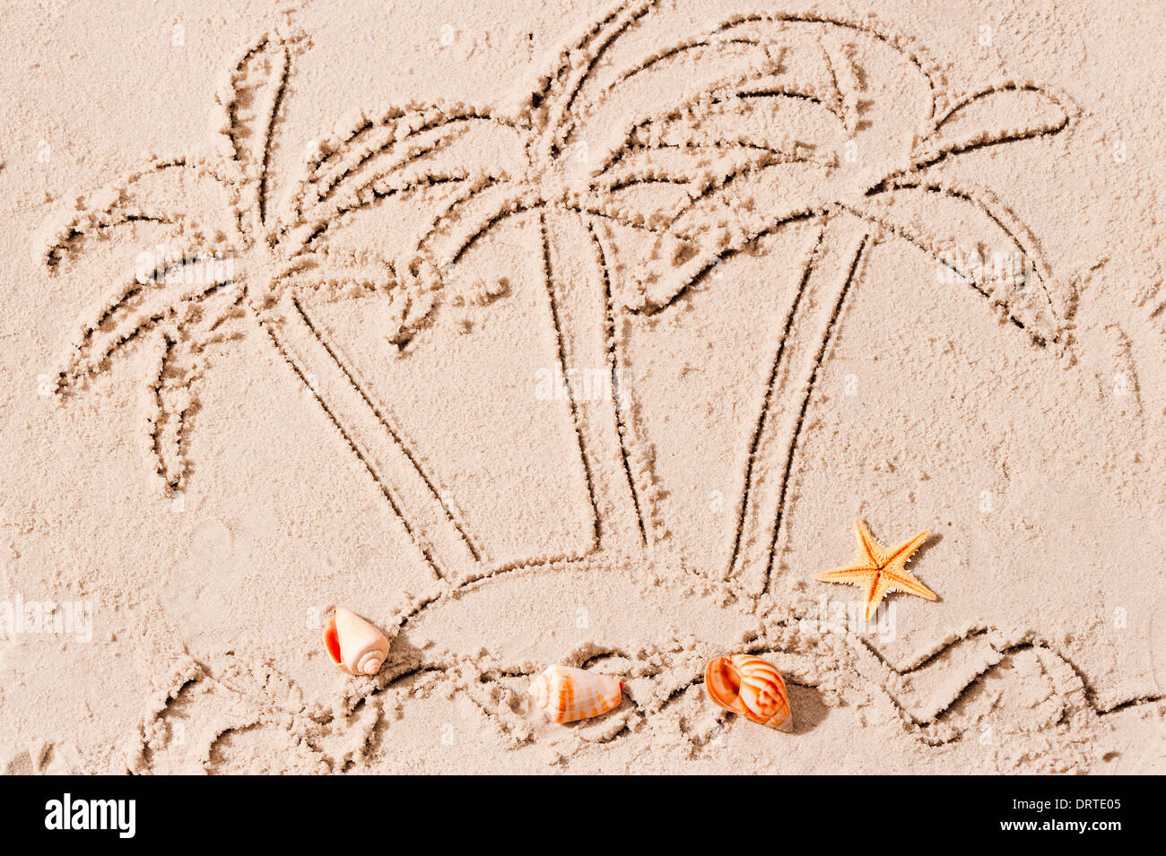 uninhabited island in the ocean and palm trees painted on the sand Stock Photo