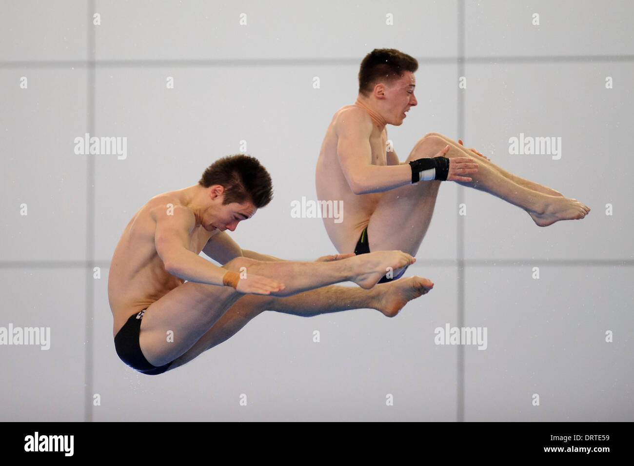 Southend-on-Sea, UK. 01st Feb, 2014. Daniel Goodfellow and Matty Lee of Plymouth Diving and City of Leeds Diving Club practice for the Mens 10m Platform Final on Day 2 of the British Gas Diving National Cup 2014 from Southend Swimming &amp; Diving Centre. Credit:  Action Plus Sports/Alamy Live News Stock Photo