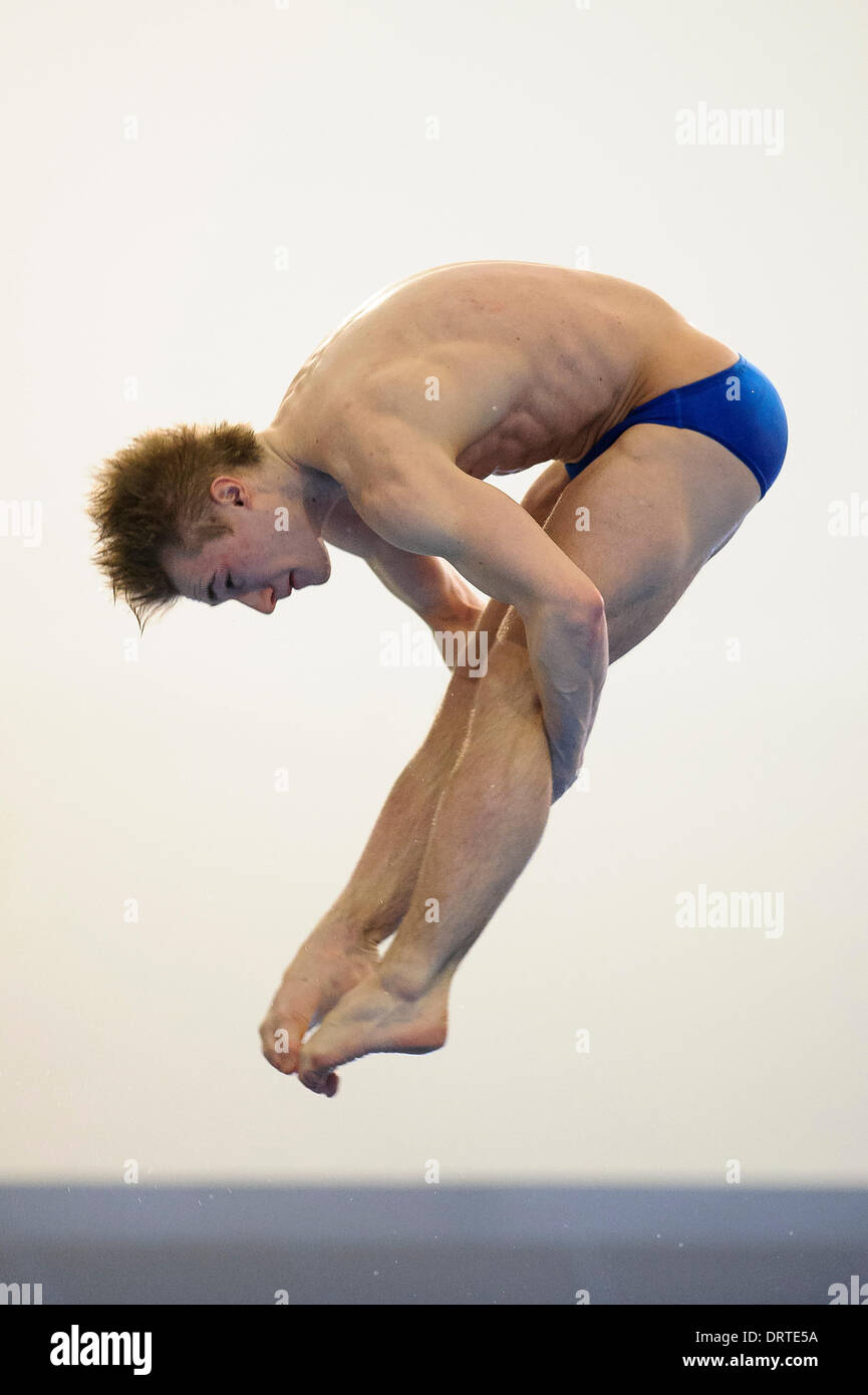 Southend-on-Sea, UK. 01st Feb, 2014. Eventual winner Jack Laugher of City of Leeds Diving Club competes during the Mens 3m Springboard Final on Day 2 of the British Gas Diving National Cup 2014 from Southend Swimming &amp; Diving Centre. Credit:  Action Plus Sports/Alamy Live News Stock Photo