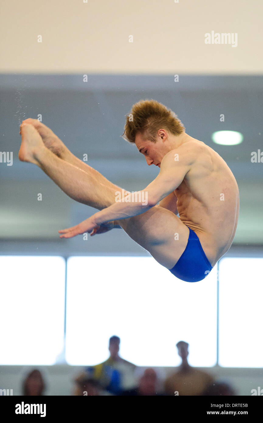 Southend-on-Sea, UK. 01st Feb, 2014. Eventual winner Jack Laugher of City of Leeds Diving Club competes during the Mens 3m Springboard Final on Day 2 of the British Gas Diving National Cup 2014 from Southend Swimming &amp; Diving Centre. Credit:  Action Plus Sports/Alamy Live News Stock Photo