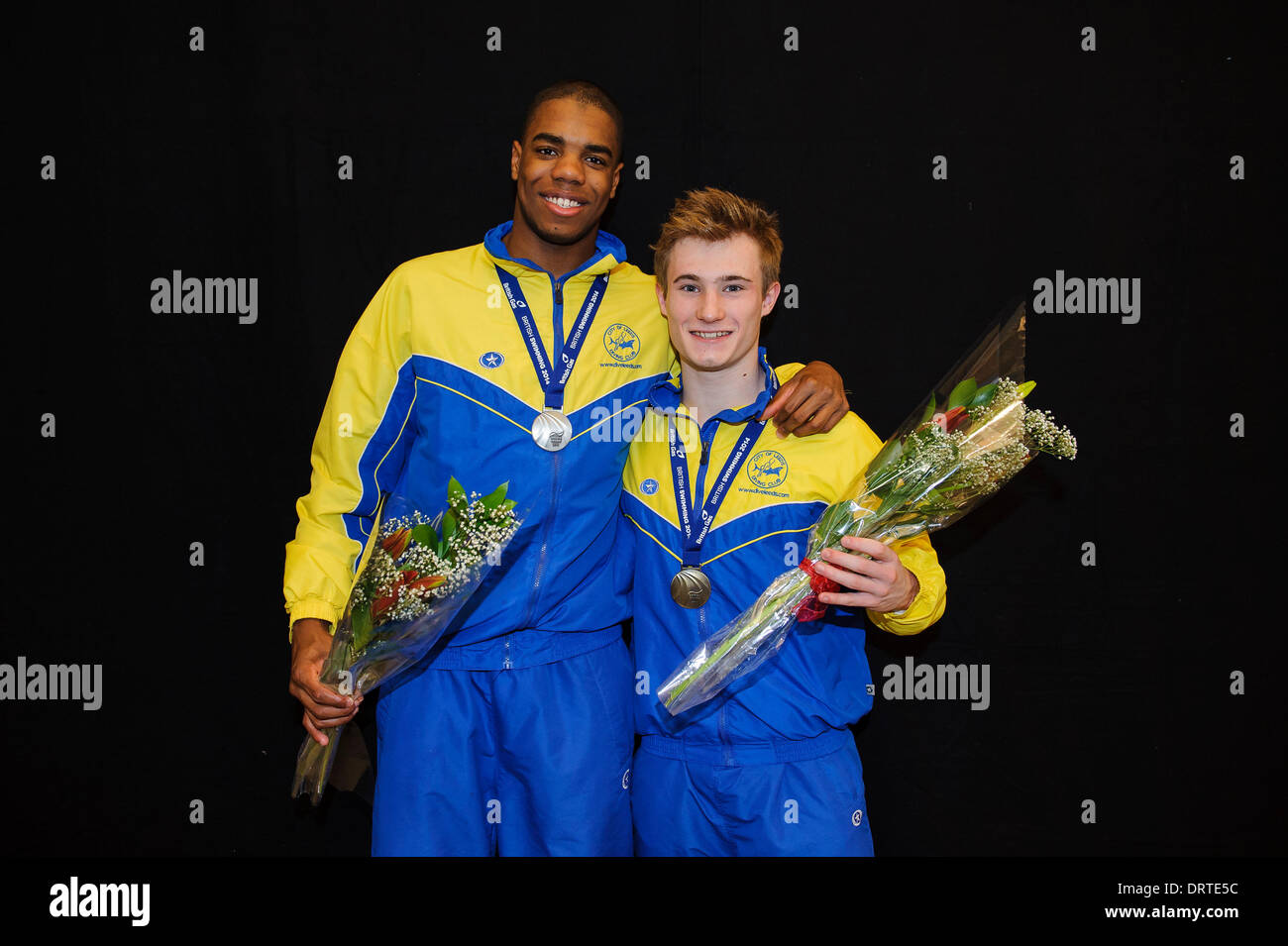 Southend-on-Sea, UK. 01st Feb, 2014. Yona Knight-Wisdom of Jamaica and Jack Laugher, both of City of Leeds Diving Club, pose with their medals after finishing 2nd and 1st respectively in the Mens 3m Springboard Final on Day 2 of the British Gas Diving National Cup 2014 from Southend Swimming &amp; Diving Centre. Credit:  Action Plus Sports/Alamy Live News Stock Photo