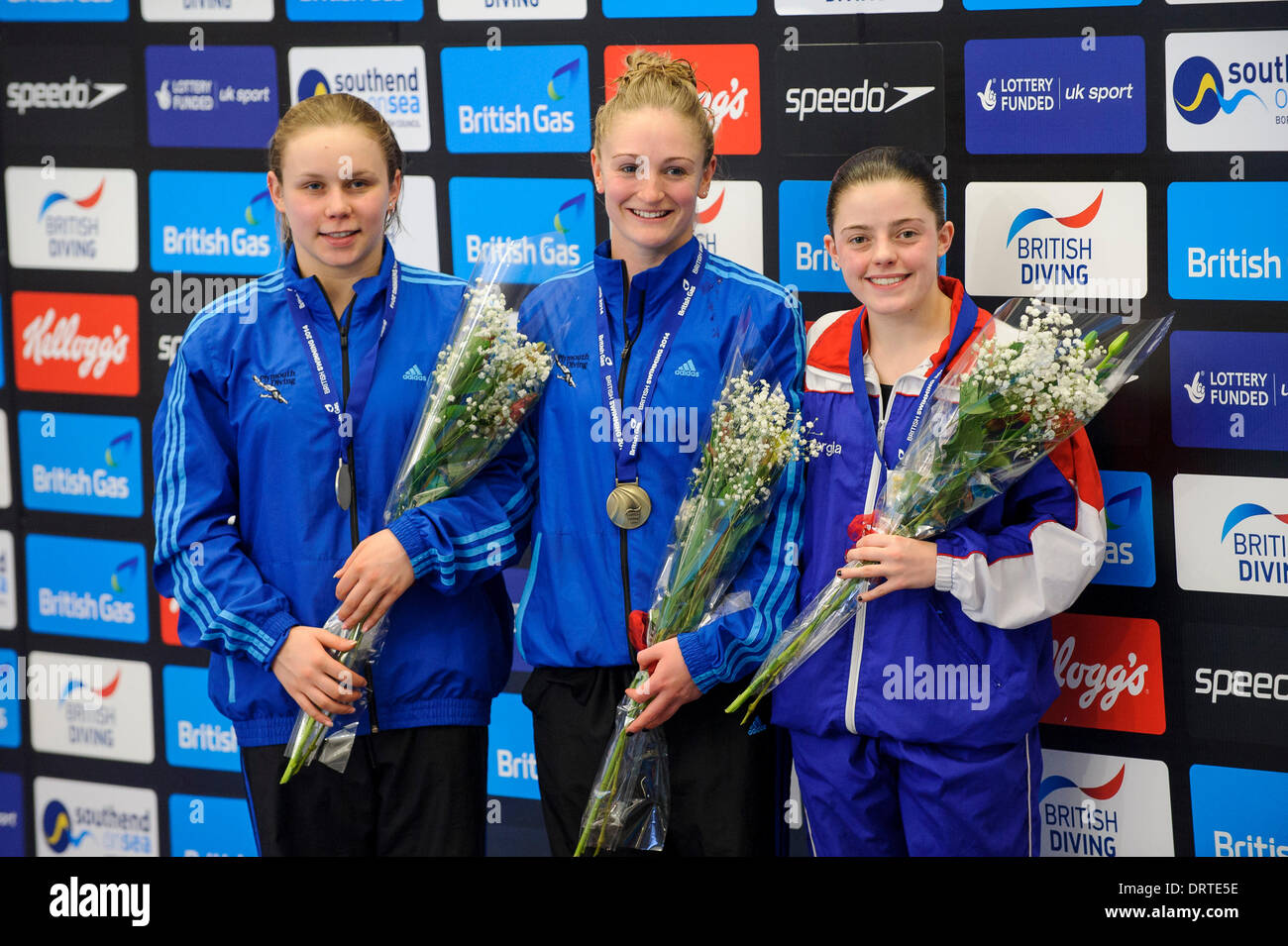 Southend-on-Sea, UK. 01st Feb, 2014. The medalists of Womens 10m Platform Final, L-R Robyn Birch of Plymouth Diving (Silver), Sarah Barrow of Plymouth Diving (Gold) and Georgia Ward of Crystal Palace Diving Club (Bronze), on Day 2 of the British Gas Diving National Cup 2014 from Southend Swimming &amp; Diving Centre. Credit:  Action Plus Sports/Alamy Live News Stock Photo