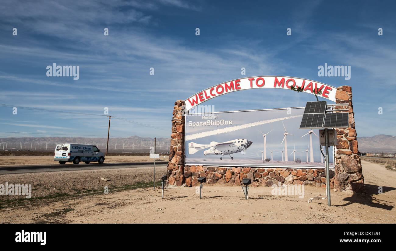 The Welcome To Mojave sign. The Home of SpaceShipOne. Stock Photo