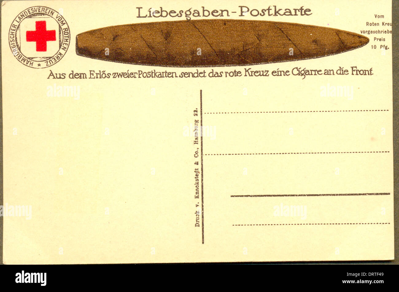 World War One charity postcard 'From the proceeds of the sale of two postcard, the Red Cross will send a cigar to the Front' Stock Photo