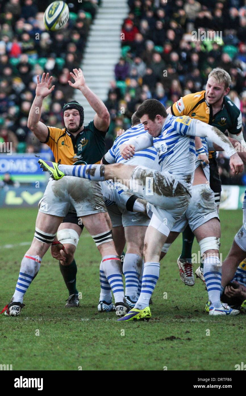 northampton-uk-01st-feb-2014-ben-spencer-of-saracens-box-kicks-as