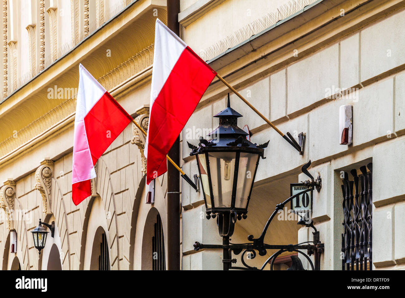 Polish flags flying from Town Council offices off the Market Square in Wroclaw. Stock Photo