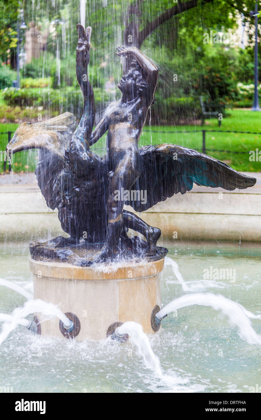 The fountain known as 'The Boy with the Swan' in Ogrod Staromiejski, or Old Town Park, a public park in Wroclaw, Poland. Stock Photo