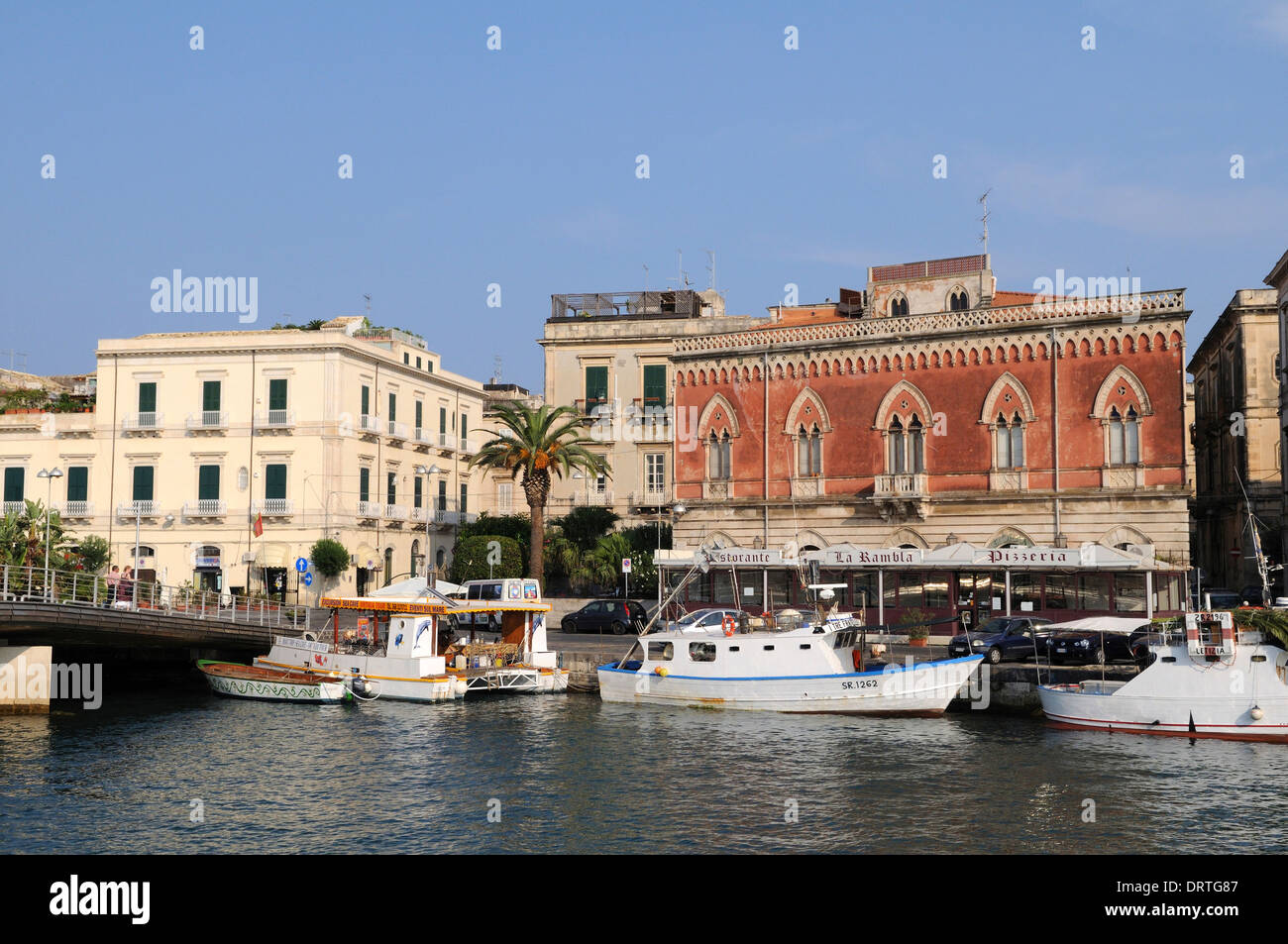 view on the riva della posta, in Ortigia,UNESCO World Heritage Site in Sicily Stock Photo