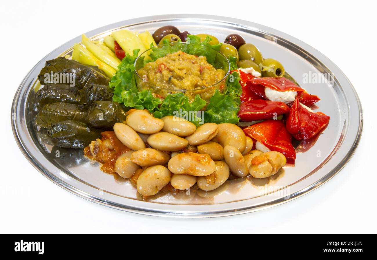 Mediterranean food variety platter isolated on white Stock Photo