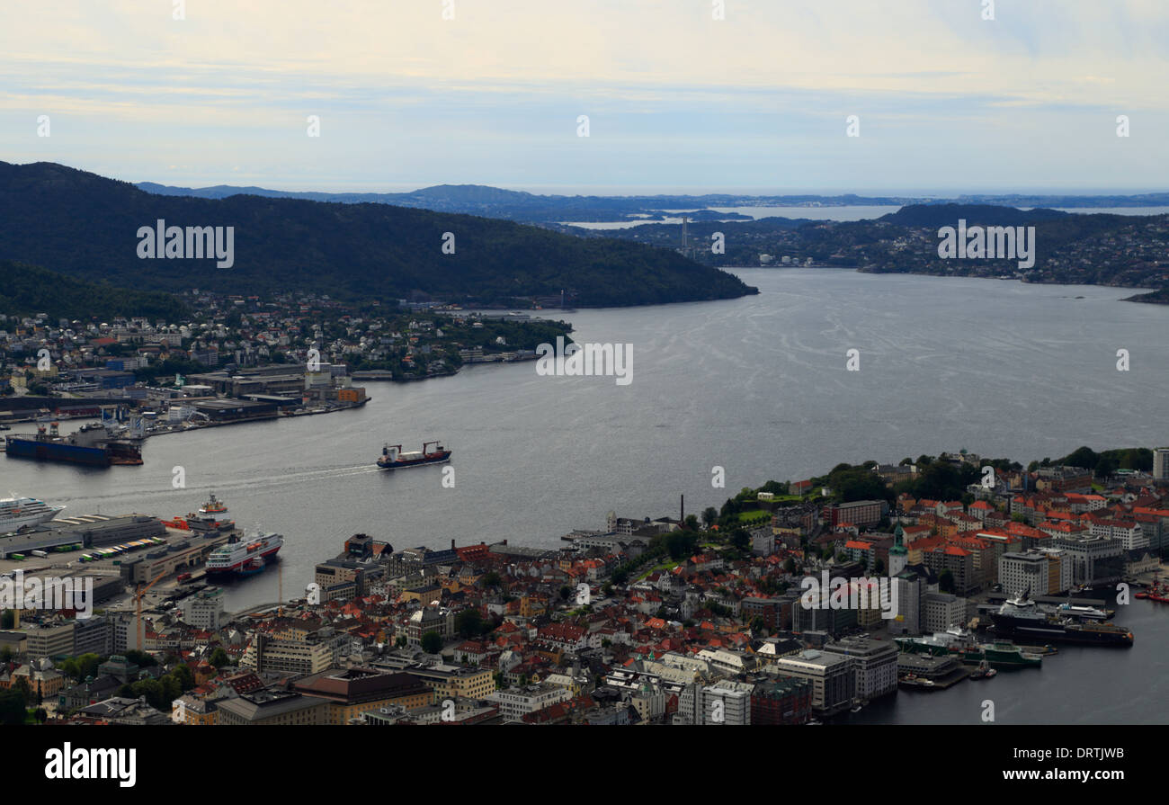 A bird's eye view over Bergen city and harbour from Mount Fløyen in Norway. Stock Photo