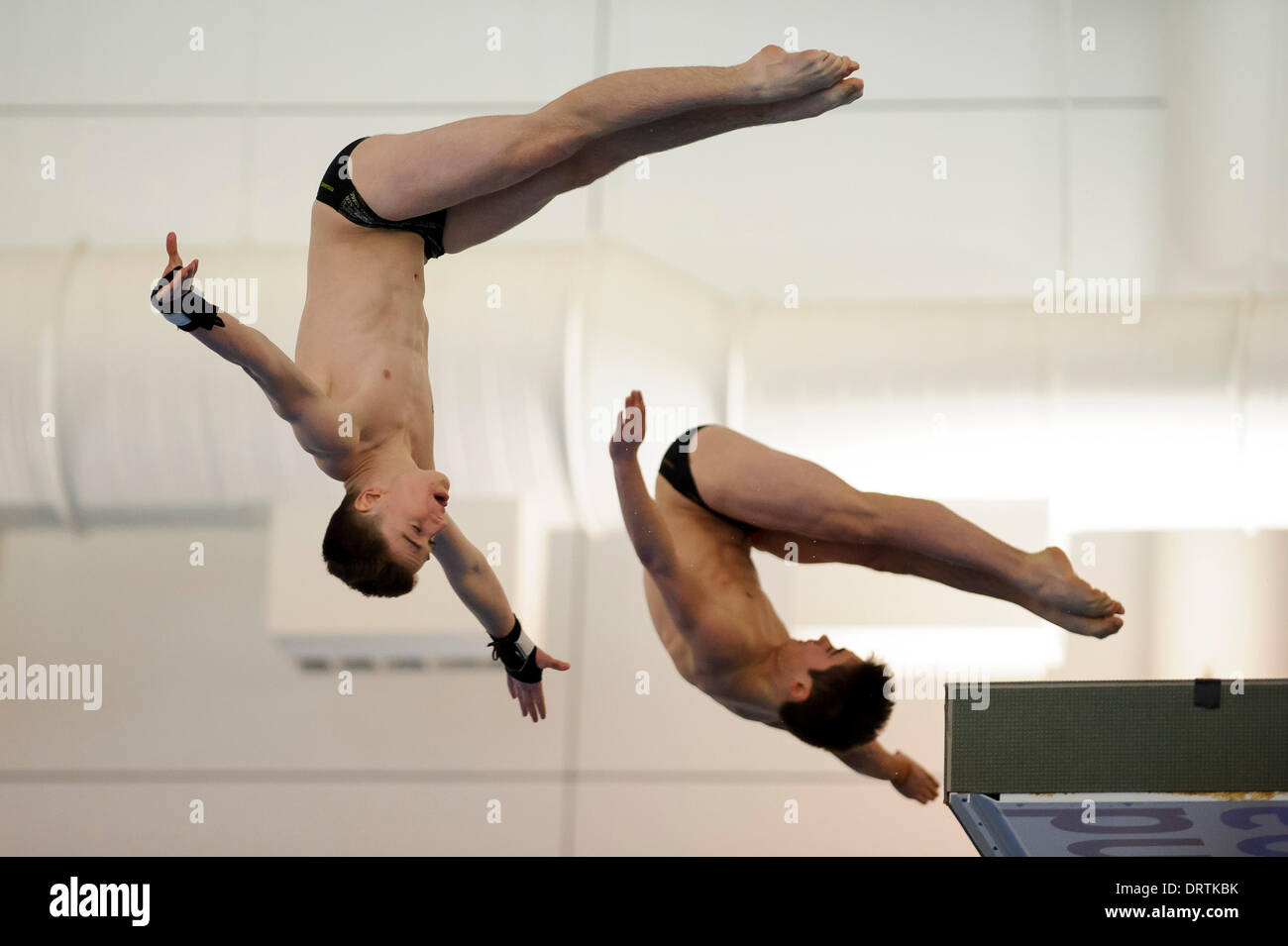 Southend-on-Sea, UK. 01st Feb, 2014. Daniel Goodfellow and Matty Lee of Plymouth Diving and City of Leeds Diving Club compete during the Mens Synchronised 10m Platform Final on Day 2 of the British Gas Diving National Cup 2014 from Southend Swimming and Diving Centre. Credit:  Action Plus Sports/Alamy Live News Stock Photo
