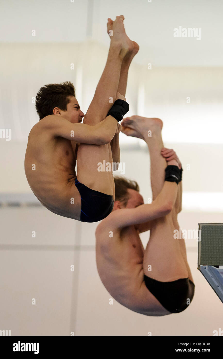 Southend-on-Sea, UK. 01st Feb, 2014. Charlie Wood and Lewys Oakley of Southampton Diving Academy compete during the Mens Synchronised 10m Platform Final on Day 2 of the British Gas Diving National Cup 2014 from Southend Swimming and Diving Centre. Credit:  Action Plus Sports/Alamy Live News Stock Photo