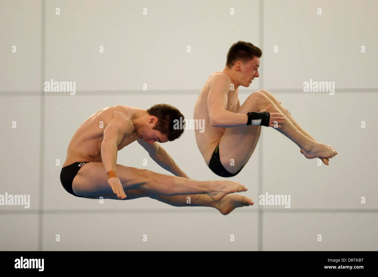 Southend-on-Sea, UK. 01st Feb, 2014. Daniel Goodfellow and Matty Lee of Plymouth Diving and City of Leeds Diving Club compete during the Mens Synchronised 10m Platform Final on Day 2 of the British Gas Diving National Cup 2014 from Southend Swimming and Diving Centre. Credit:  Action Plus Sports/Alamy Live News Stock Photo