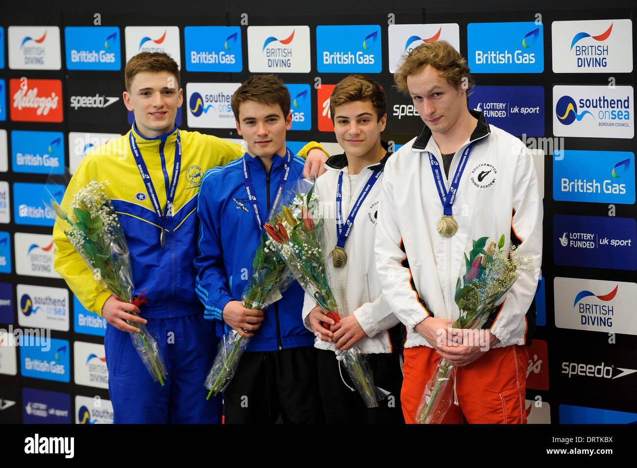 Southend-on-Sea, UK. 01st Feb, 2014. The medallists from the Mens Synchronised 10m Platform Final, L-R Matty Lee and Daniel Goodfellow of City of Leeds Diving Club and Plymouth Diving (Silver) and Lewys Oakley and Charlie Wood of Southampton Diving Academy (Gold), on Day 2 of the British Gas Diving National Cup 2014 from Southend Swimming and Diving Centre. Credit:  Action Plus Sports/Alamy Live News Stock Photo