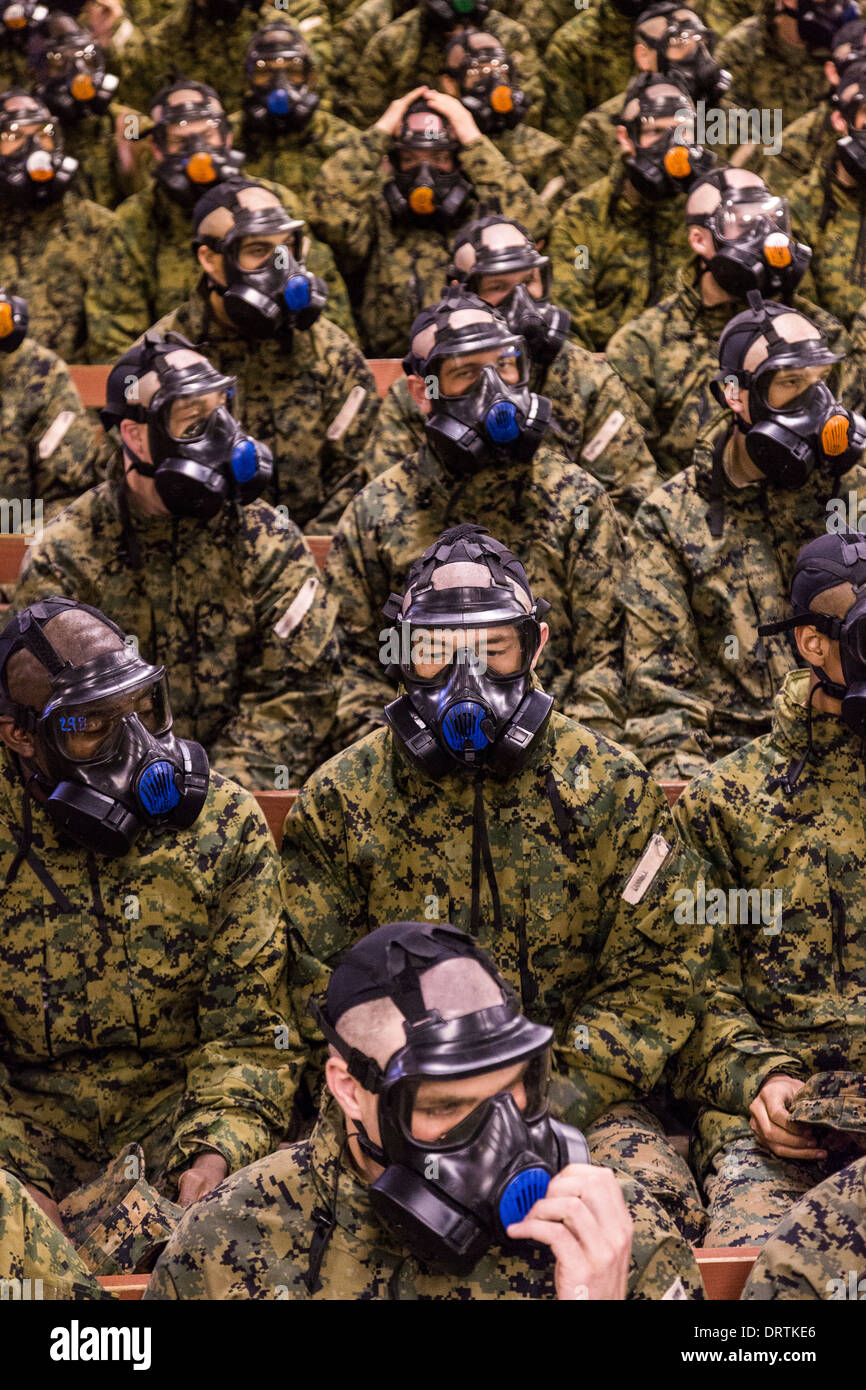 US Marine recruits are trained in proper use of their gas mask during boot camp January 13, 2014 in Parris Island, SC. Stock Photo