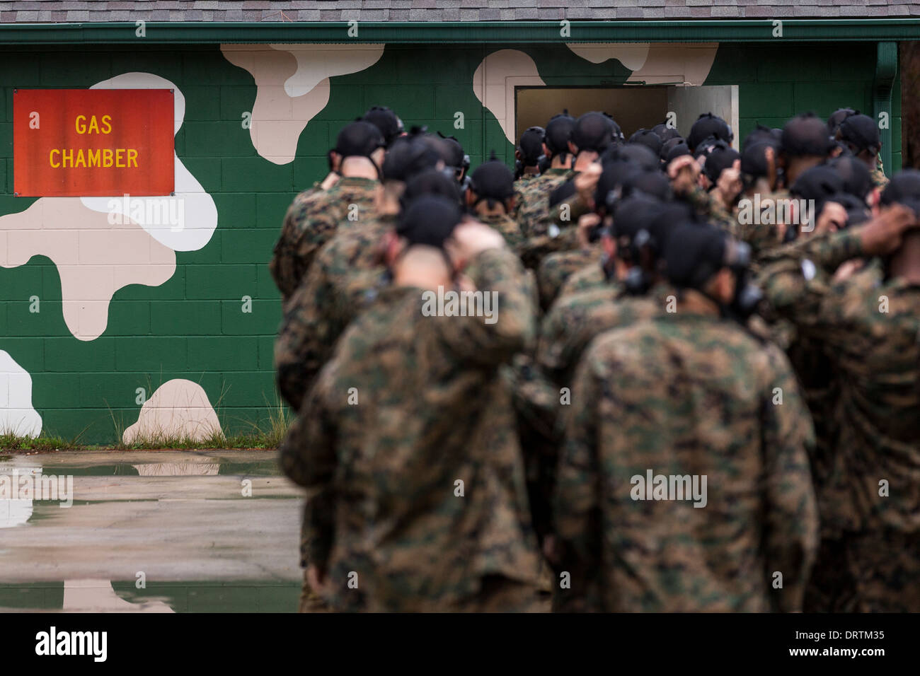 US Marine recruits prepare to enter the gas chamber during boot camp January 13, 2014 in Parris Island, SC. Stock Photo