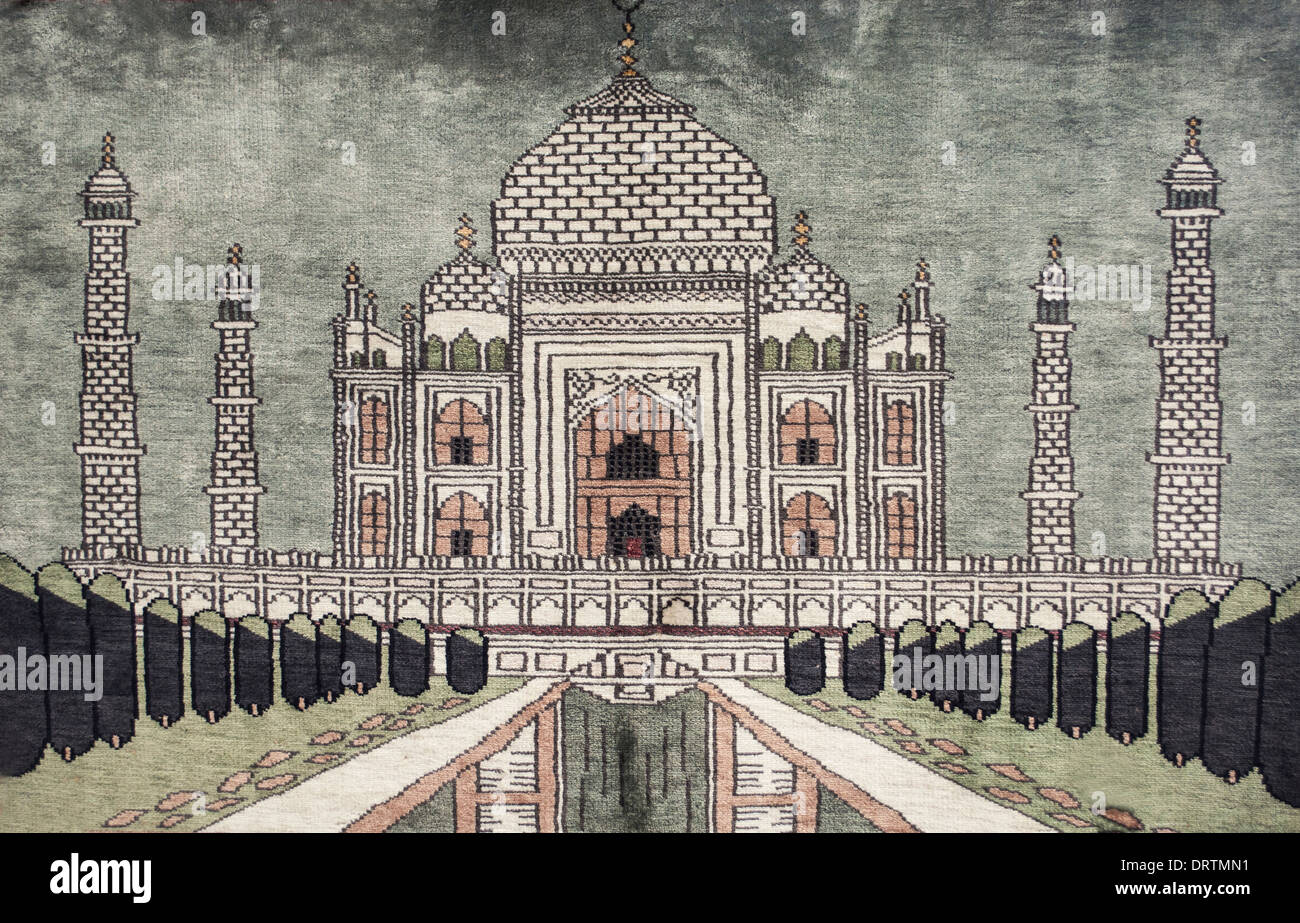 Taj Mahal, India, in a handmade tapestry in silk. Displayed as a wall-hanging in a high-end carpet shop, Canada. Stock Photo