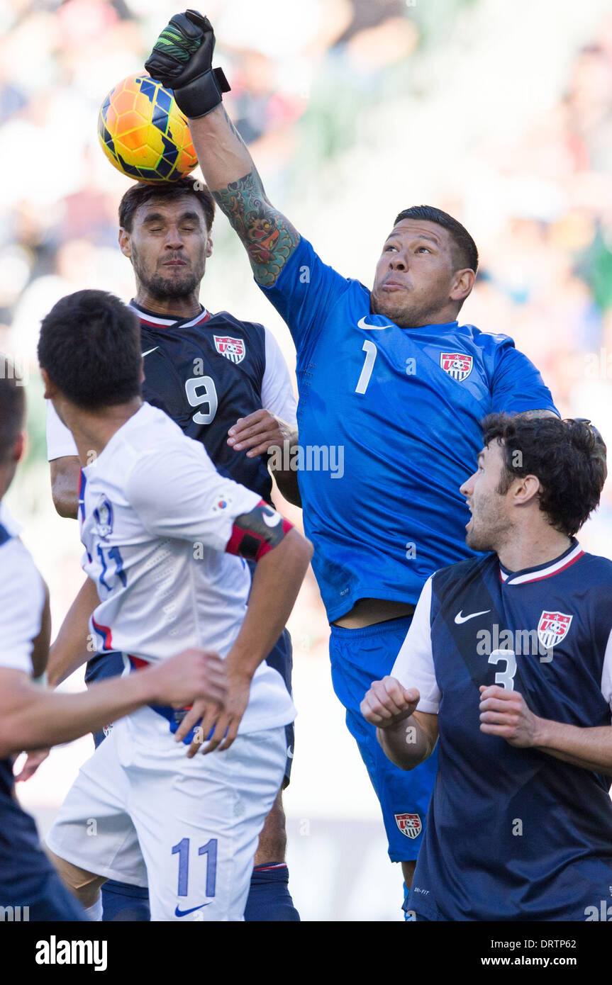 Carson, CA, USA. 1st Feb, 2014.  USA goalkeeper Nick Rimando (1) and USA forward Chris Wondolowski (9) in action in the first half during the game between USA and South Korea at the StubHub center in Carson, CA. Credit:  csm/Alamy Live News Stock Photo