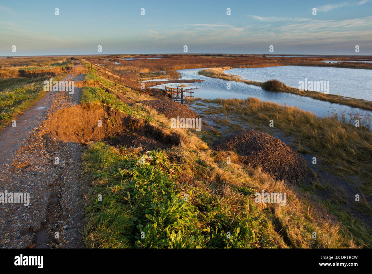 Sea defence damage at Blakeney in North Norfolk, East Anglia, UK, following the storm surge in December 2013 Stock Photo