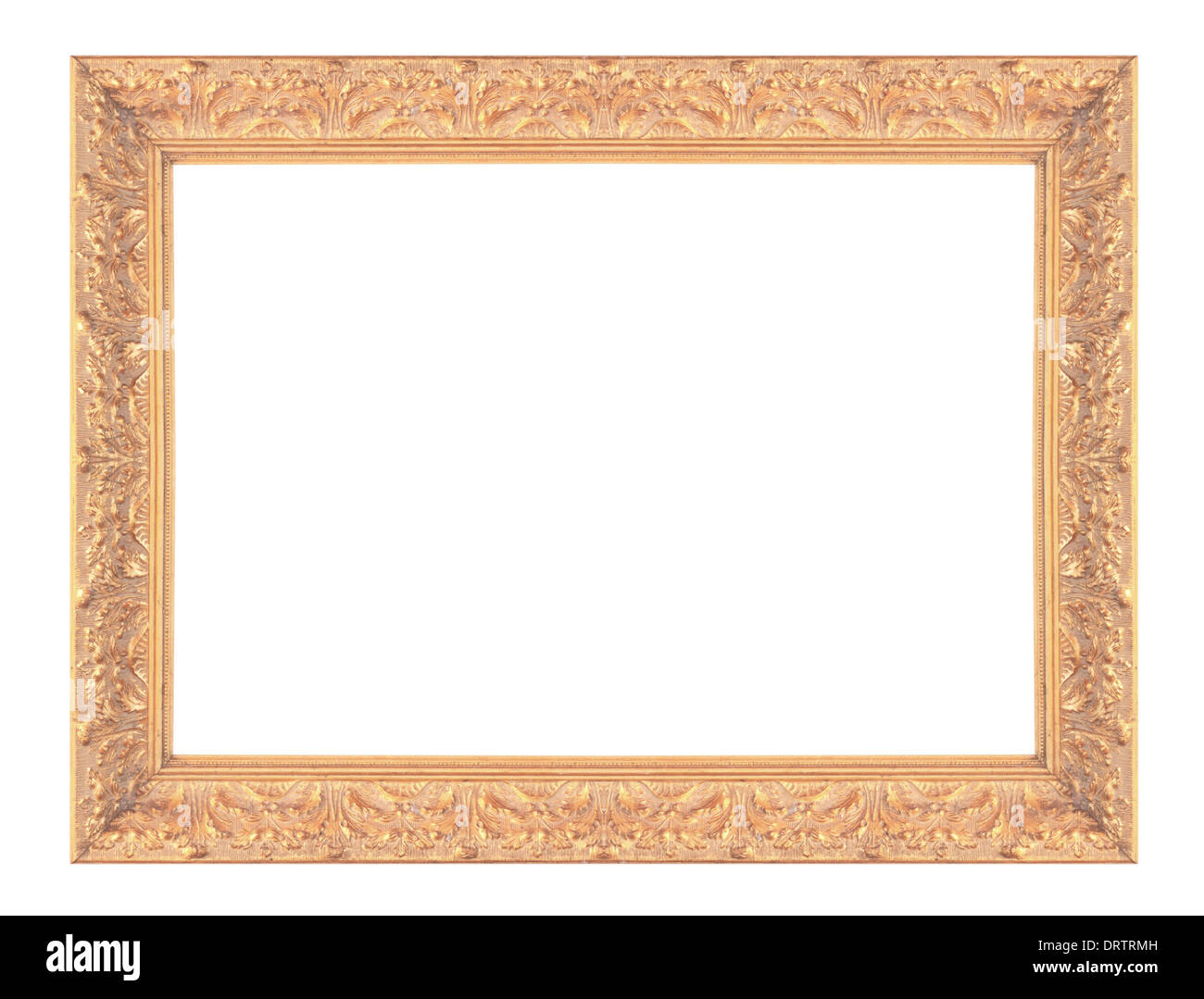 Old antique gold picture frame wall, wallpaper, decorative objects isolated white background. Stock Photo