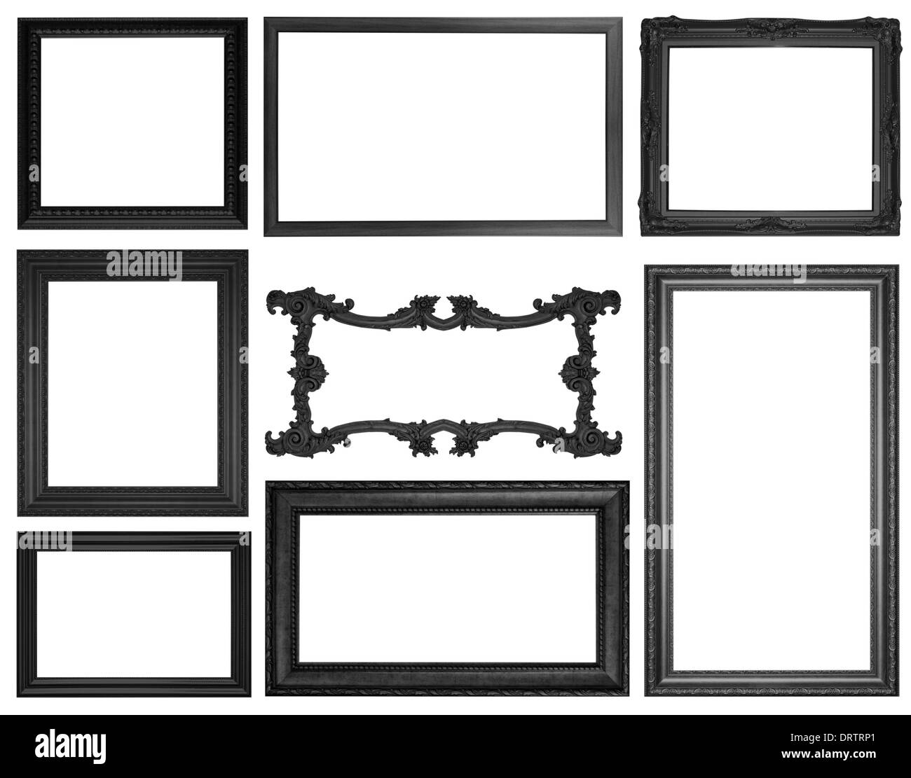 Old antique black picture frame wall, wallpaper, decorative objects isolated white background