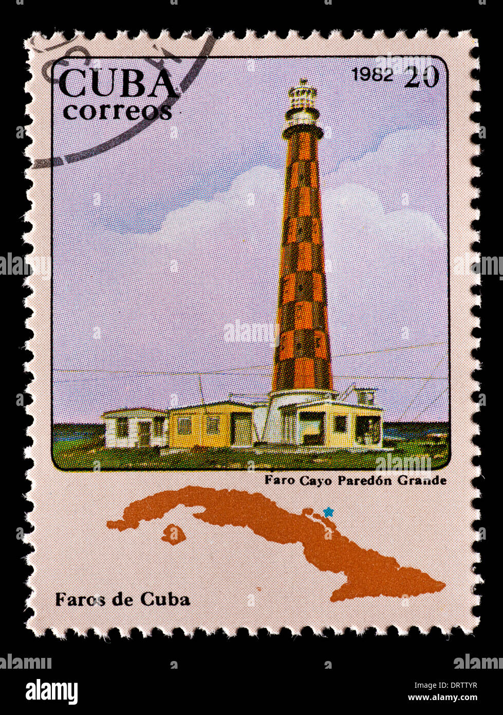 Postage stamp from Cuba depicting Paredon Grande Caye lighthouse. Stock Photo