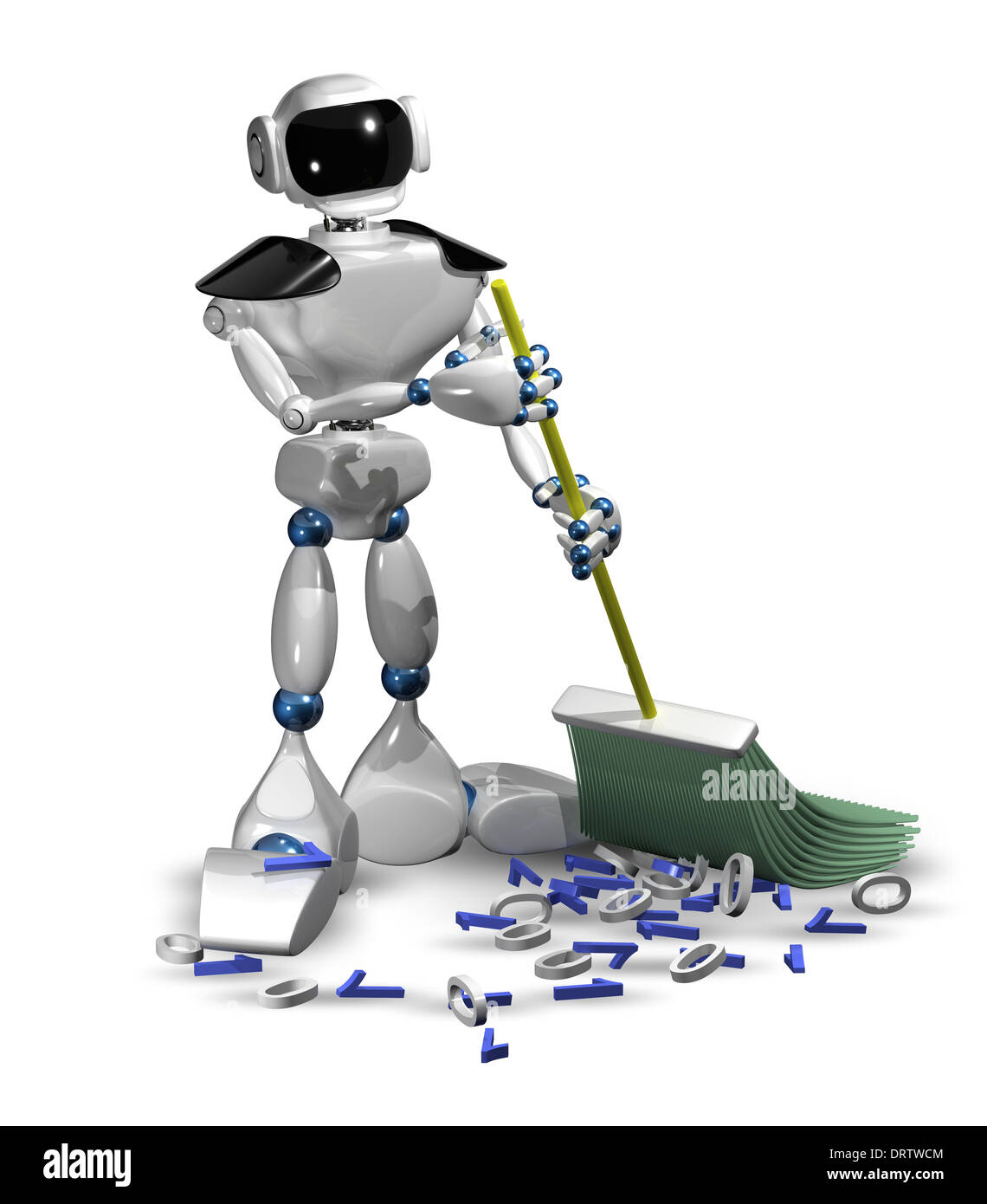 3d illustration of a robot with a broom cleans digital garbage Stock Photo