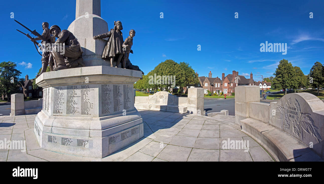Goscombe John's fine bronze sculptures adorn the war memorial at Port Sunlight, seen in this panoramic view. Stock Photo