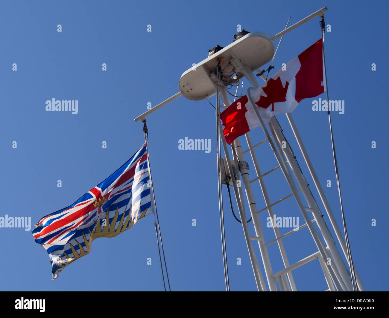 The flags of Canada and the state of British Columbia fly at the masthead of the Brentwood Bay ferry. Stock Photo