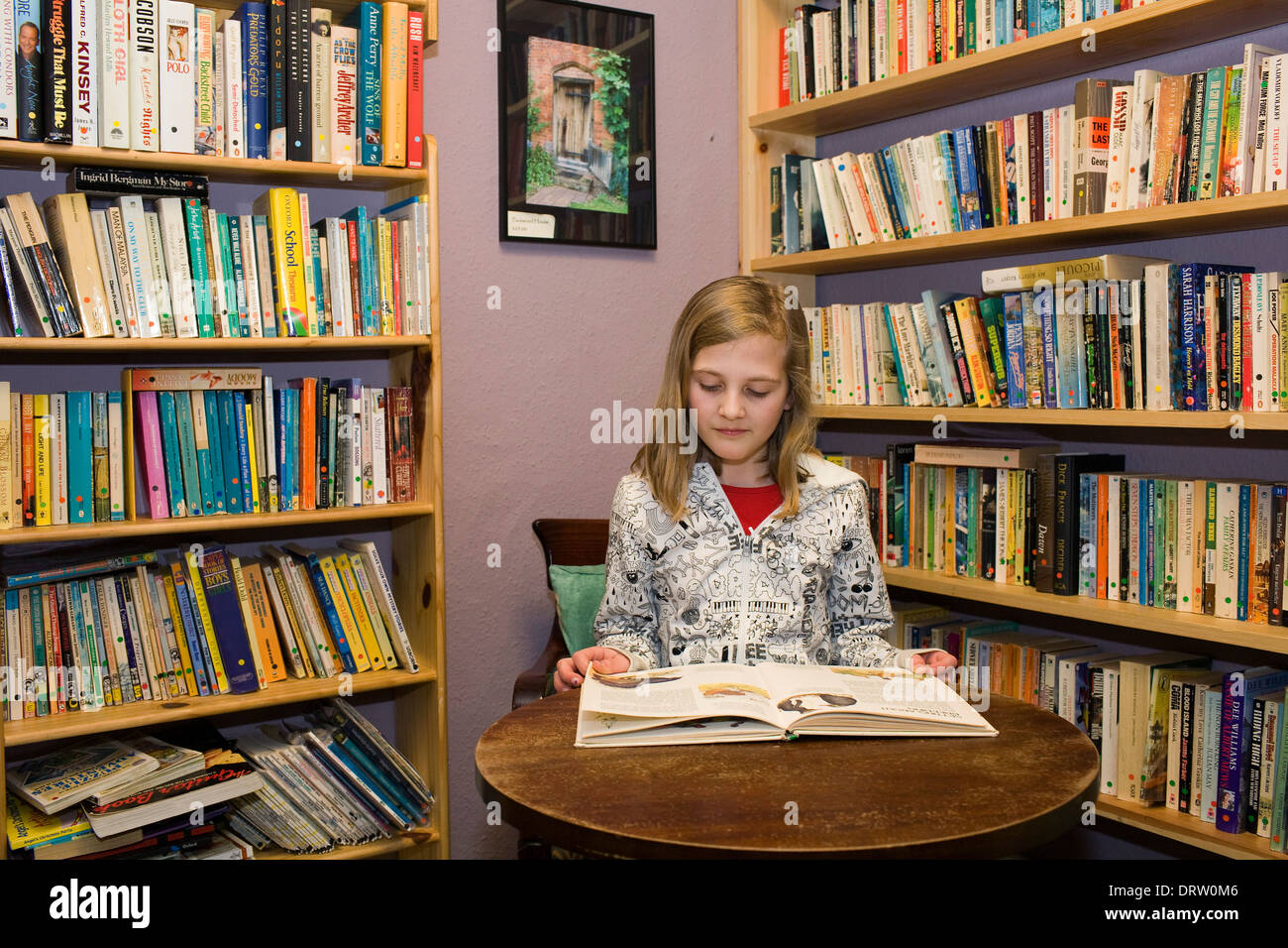 A young girl reads a book in the library Stock Photo - Alamy