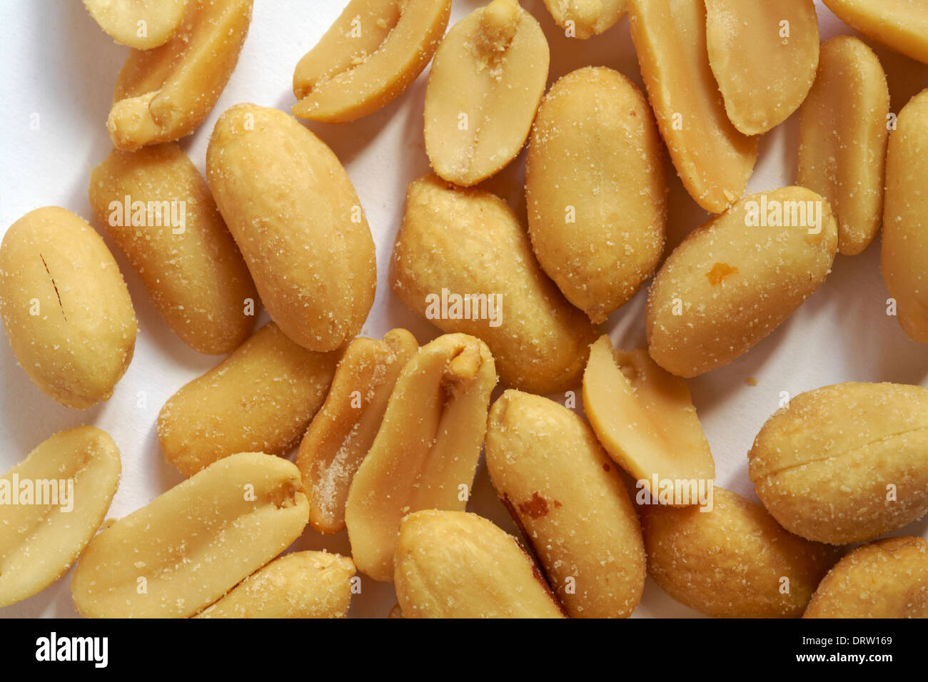 salted peanuts nuts spread out on white background Stock Photo