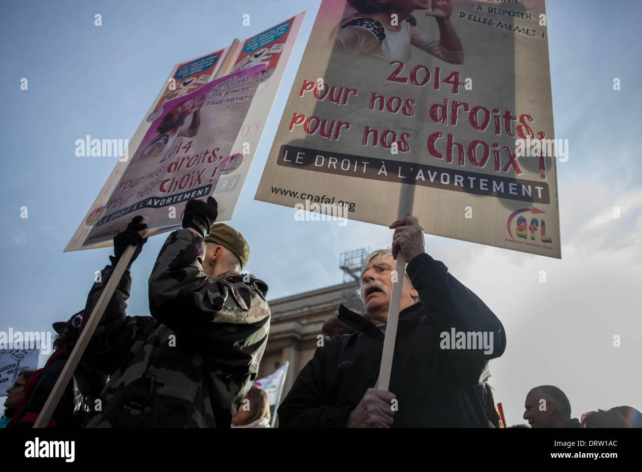 Paris, France. 1st Feb, 2014. Demonstration for the right to abortion in Spain in Paris, on February 1, 2014. The march went until the front of the Spanish ambassy where people had left their hangers. Credit:  Michael Bunel/NurPhoto/ZUMAPRESS.com/Alamy Live News Stock Photo