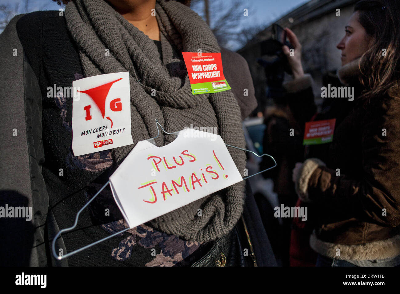 Paris, France. 1st Feb, 2014. Demonstration for the right to abortion in Spain in Paris, on February 1, 2014. The march went until the front of the Spanish ambassy where people had left their hangers. Credit:  Michael Bunel/NurPhoto/ZUMAPRESS.com/Alamy Live News Stock Photo