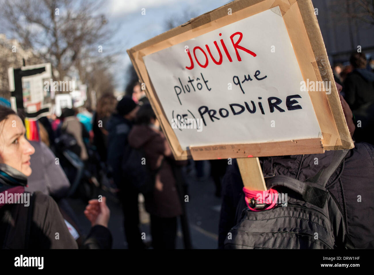 Paris, France. 1st Feb, 2014. Demonstration for the right to abortion in Spain in Paris, on February 1, 2014. The march went until the front of the Spanish ambassy where people had left their hangers. Credit:  Michael Bunel/NurPhoto/ZUMAPRESS.com/Alamy Live News Stock Photo