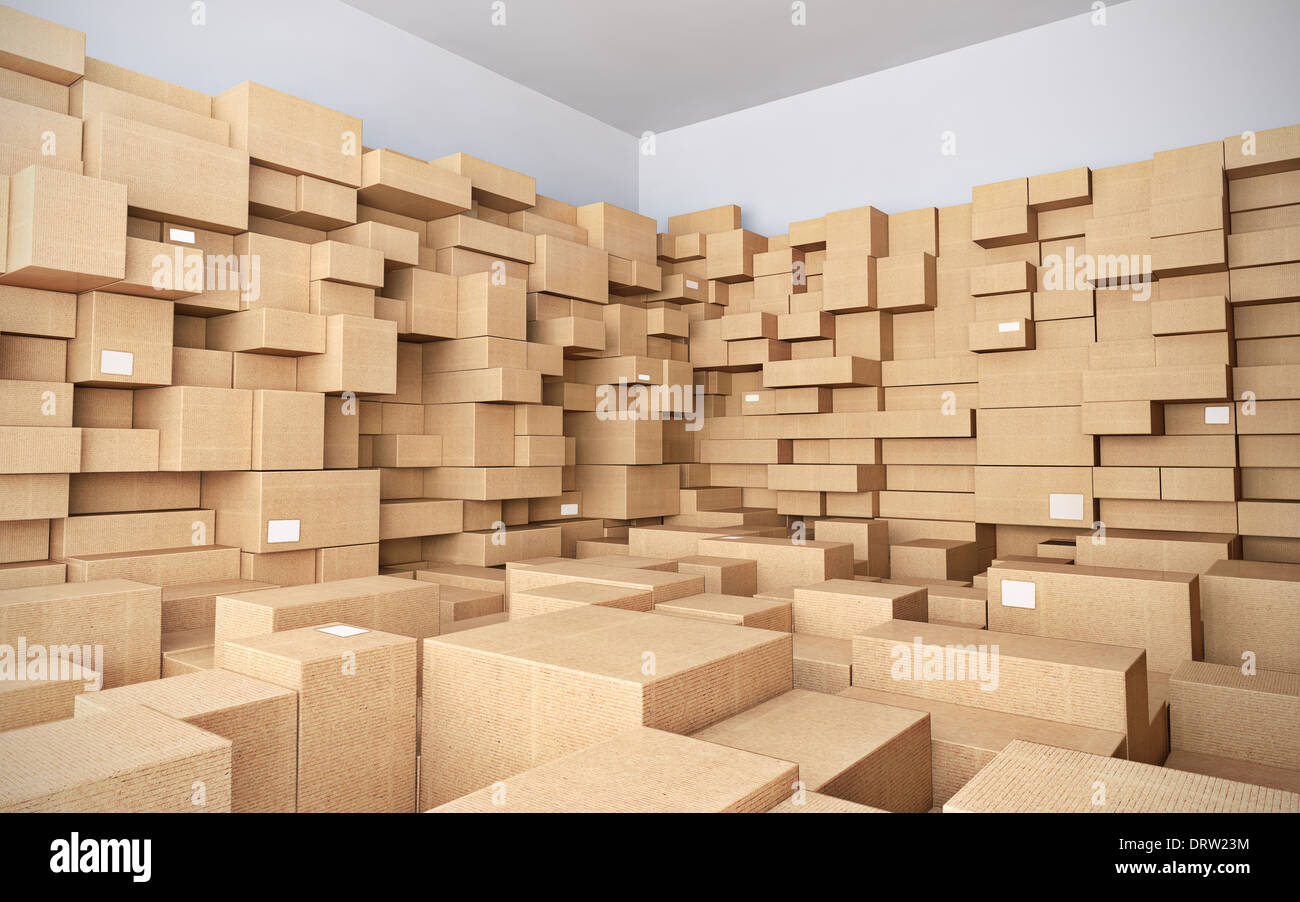 Warehouse with many cardboard boxes - 3d illustration Stock Photo - Alamy