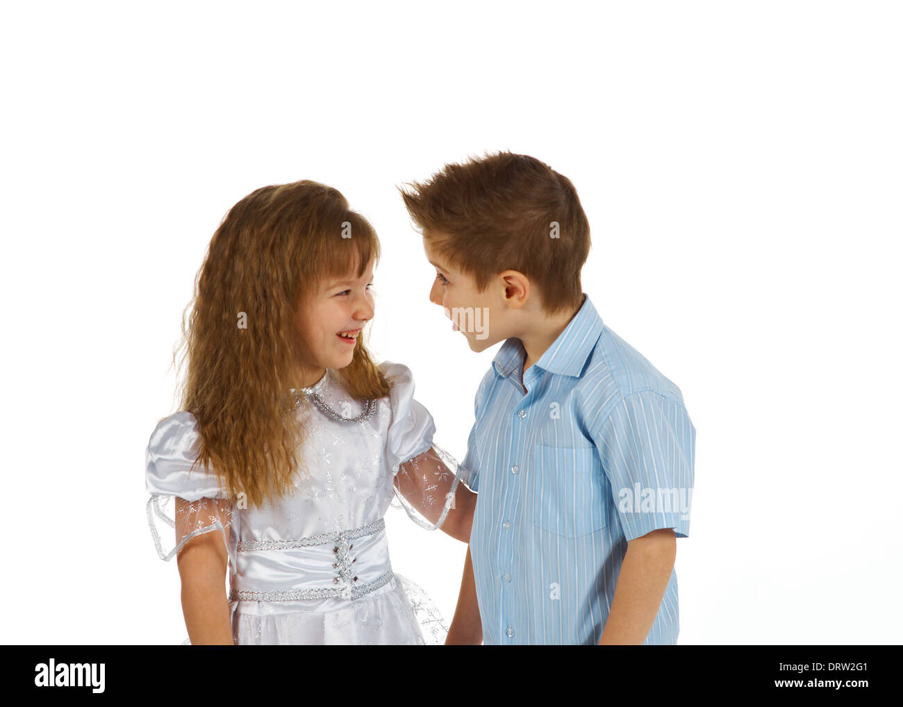 little caucasian boy and girl hugging isolated on white Stock Photo