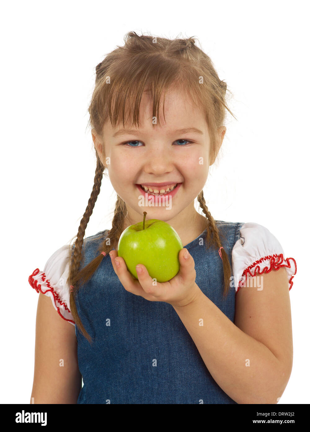 beautiful smiling caucasian girl child holding an apple.isolated on white Stock Photo