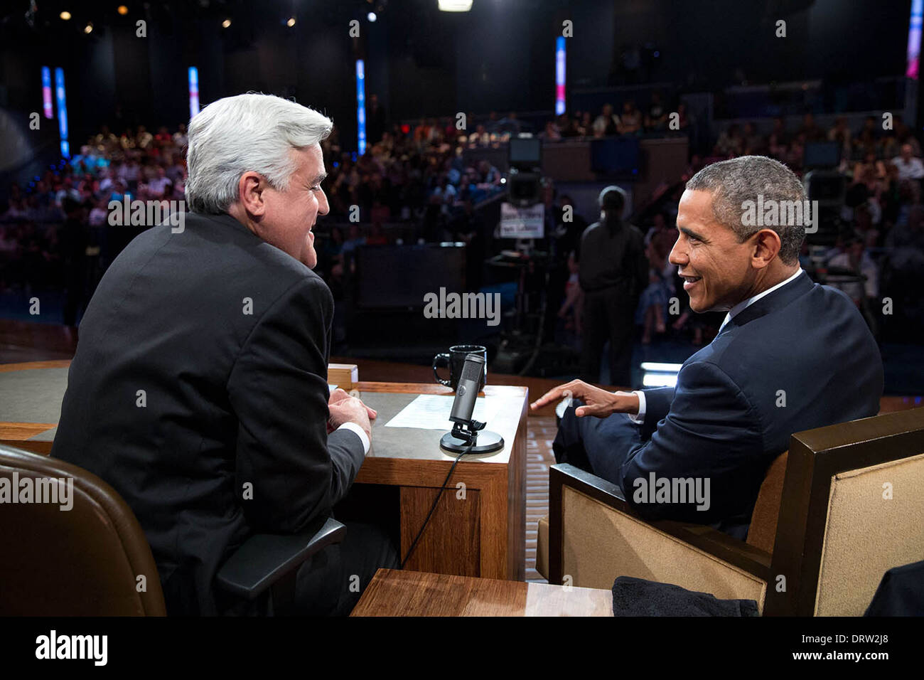 US President joins talk show host Jay Leno for a taping of the “The Tonight Show with Jay Leno” August 6, 2013 in Burbank, CA. Stock Photo