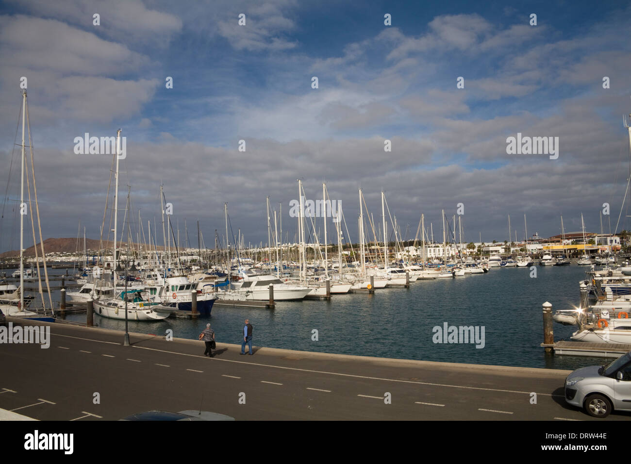 Rubicon Marina Playa Blanca Lanzarote with moored expensive yachts in purpose built tourist resort Stock Photo