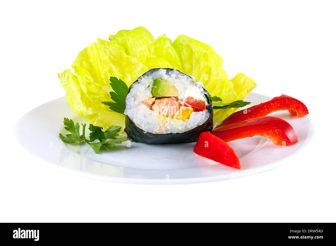 One piece of sushi on decorated plate isolated on white background with clipping path Stock Photo