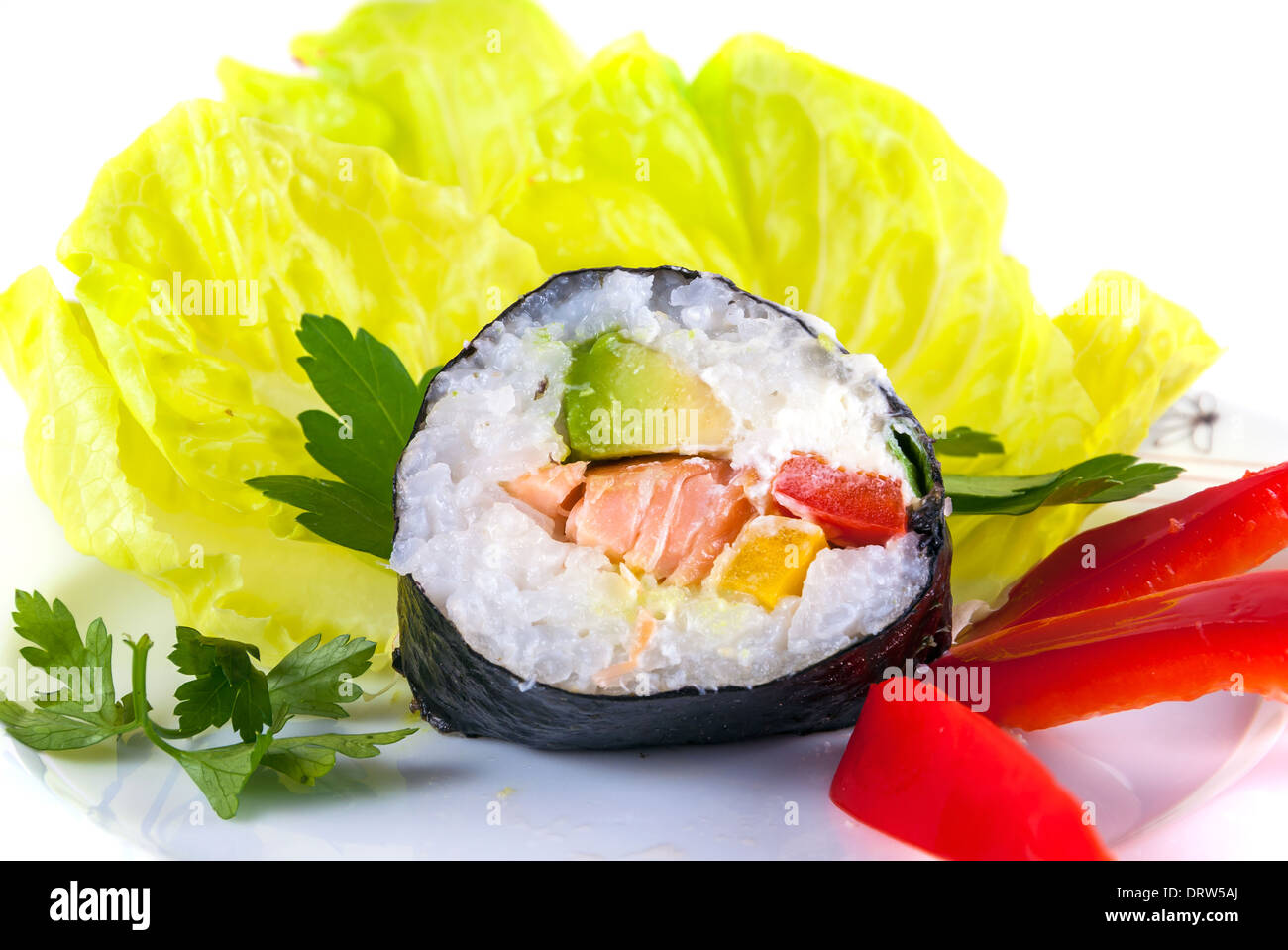 One piece of sushi on decorated plate isolated on white background Stock Photo