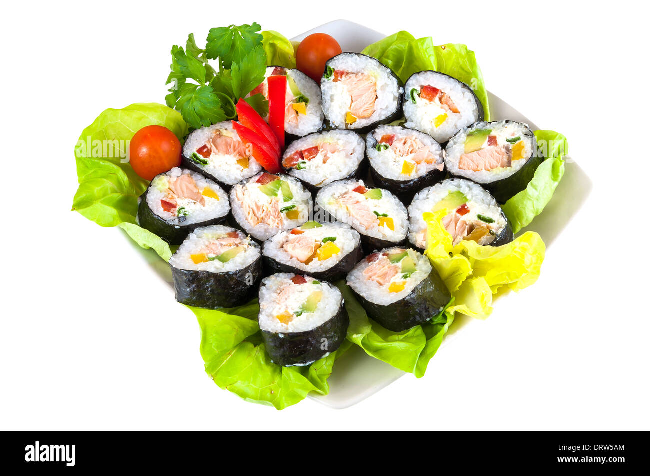 Decorated plate of sushi isolated on white background with clipping path Stock Photo