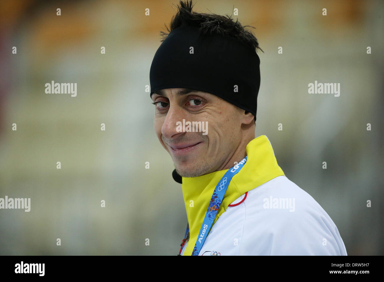 Sochi, Russia. 01st Feb, 2014. Robert Lehmann of Germany smiles during a speed skating training session at the Adler Arena Skating Center in Sochi, Russia, 01 February 2014. The Olympic Winter Games 2014 in Sochi run from 07 to 23 February 2014. Photo: Christian Charisius/dpa/Alamy Live News Stock Photo